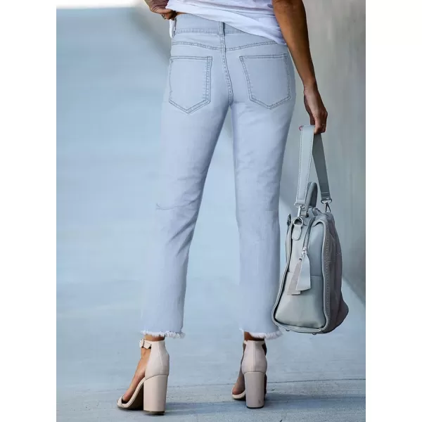 Sidefeel Women's High Waisted Jeans Strechy Raw Hem Straight Leg Denim Pants with Pockets
