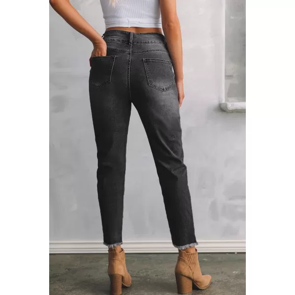 Sidefeel Women's High Waisted Jeans Strechy Raw Hem Straight Leg Denim Pants with Pockets