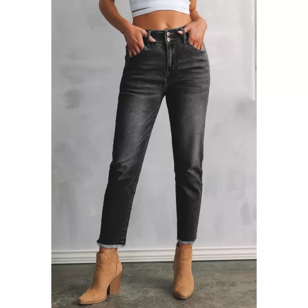 Sidefeel Women's High Waisted Jeans Strechy Raw Hem Straight Leg Denim Pants with Pockets