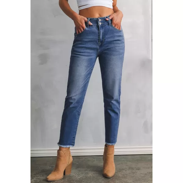 Sidefeel Women's High Waisted Jeans Strechy Raw Hem Straight Leg Denim Pants with Pockets