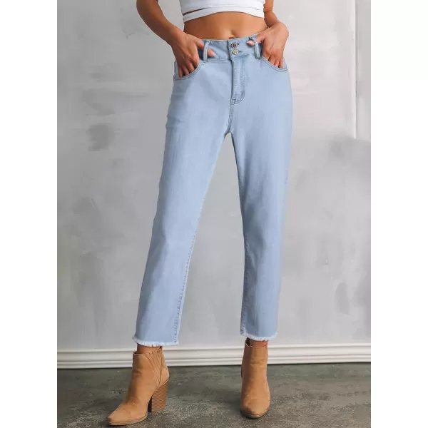 Sidefeel Women's High Waisted Jeans Strechy Raw Hem Straight Leg Denim Pants with Pockets