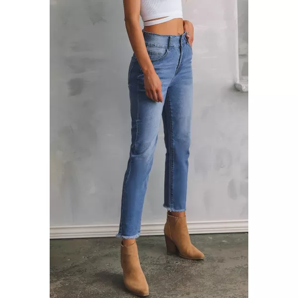 Sidefeel Women's High Waisted Jeans Strechy Raw Hem Straight Leg Denim Pants with Pockets