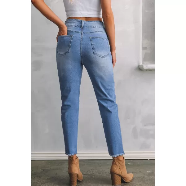 Sidefeel Women's High Waisted Jeans Strechy Raw Hem Straight Leg Denim Pants with Pockets