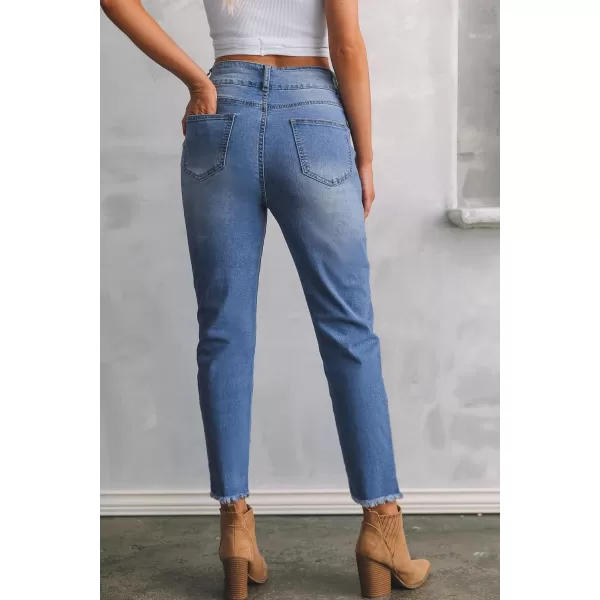 Sidefeel Women's High Waisted Jeans Strechy Raw Hem Straight Leg Denim Pants with Pockets