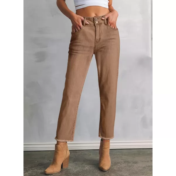Sidefeel Women's High Waisted Jeans Strechy Raw Hem Straight Leg Denim Pants with Pockets
