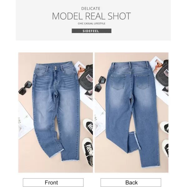 Sidefeel Women's High Waisted Jeans Strechy Raw Hem Straight Leg Denim Pants with Pockets