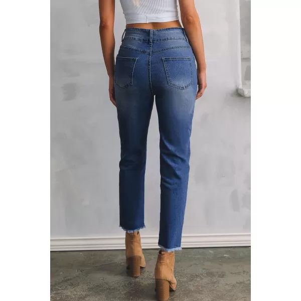 Sidefeel Women's High Waisted Jeans Strechy Raw Hem Straight Leg Denim Pants with Pockets