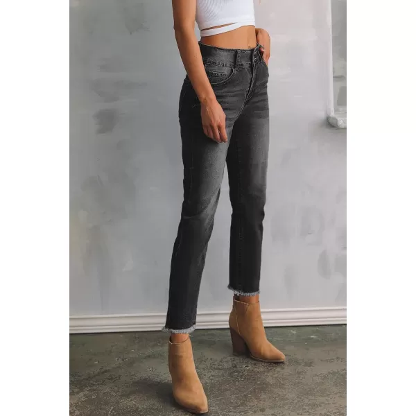 Sidefeel Women's High Waisted Jeans Strechy Raw Hem Straight Leg Denim Pants with Pockets