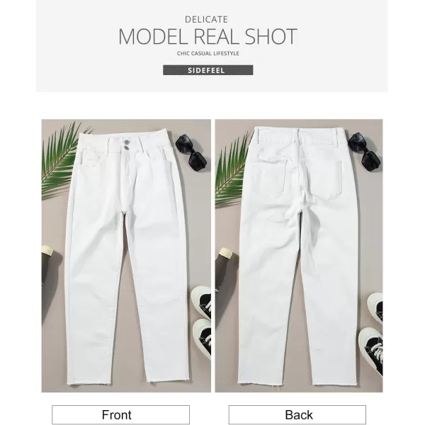 Sidefeel Women's High Waisted Jeans Strechy Raw Hem Straight Leg Denim Pants with Pockets