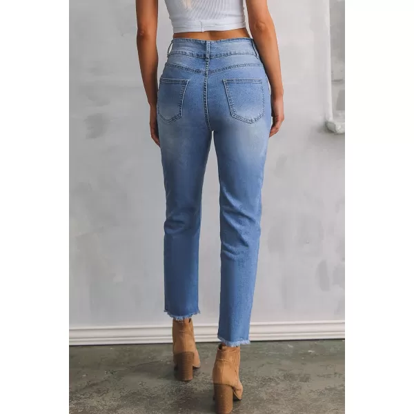 Sidefeel Women's High Waisted Jeans Strechy Raw Hem Straight Leg Denim Pants with Pockets
