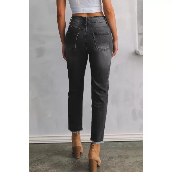 Sidefeel Women's High Waisted Jeans Strechy Raw Hem Straight Leg Denim Pants with Pockets
