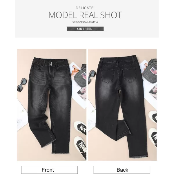 Sidefeel Women's High Waisted Jeans Strechy Raw Hem Straight Leg Denim Pants with Pockets