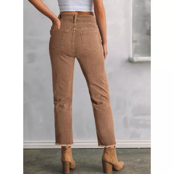 Sidefeel Women's High Waisted Jeans Strechy Raw Hem Straight Leg Denim Pants with Pockets