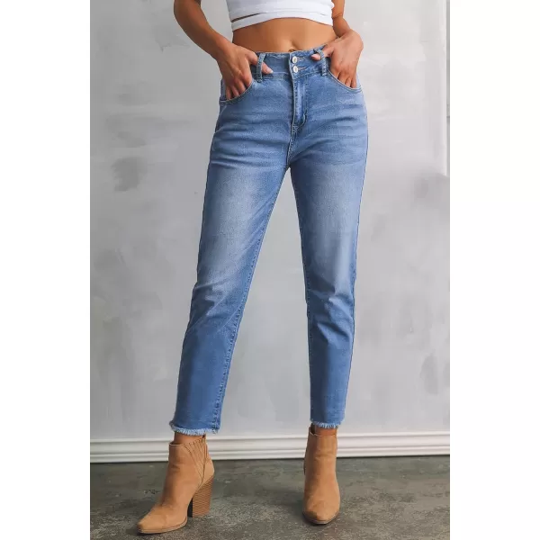 Sidefeel Women's High Waisted Jeans Strechy Raw Hem Straight Leg Denim Pants with Pockets