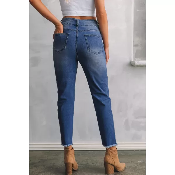 Sidefeel Women's High Waisted Jeans Strechy Raw Hem Straight Leg Denim Pants with Pockets