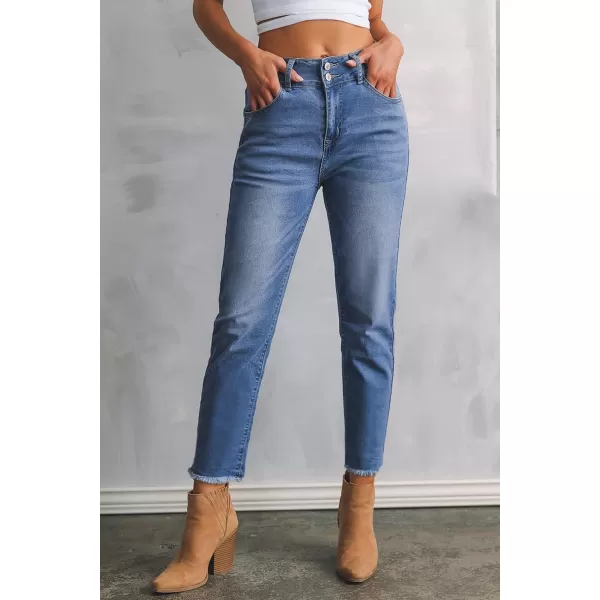Sidefeel Women's High Waisted Jeans Strechy Raw Hem Straight Leg Denim Pants with Pockets