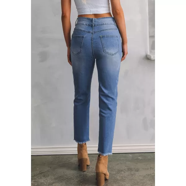 Sidefeel Women's High Waisted Jeans Strechy Raw Hem Straight Leg Denim Pants with Pockets