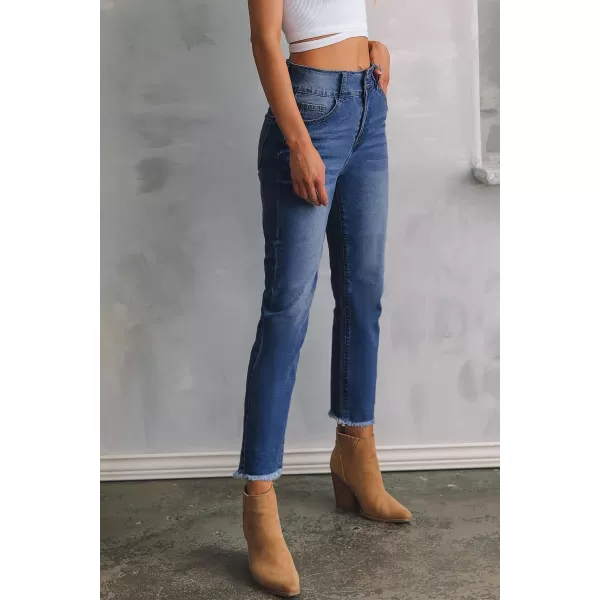 Sidefeel Women's High Waisted Jeans Strechy Raw Hem Straight Leg Denim Pants with Pockets