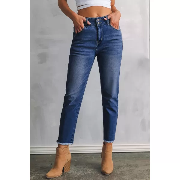 Sidefeel Women's High Waisted Jeans Strechy Raw Hem Straight Leg Denim Pants with Pockets