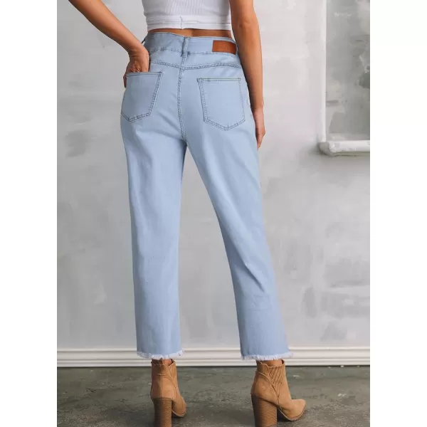 Sidefeel Women's High Waisted Jeans Strechy Raw Hem Straight Leg Denim Pants with Pockets