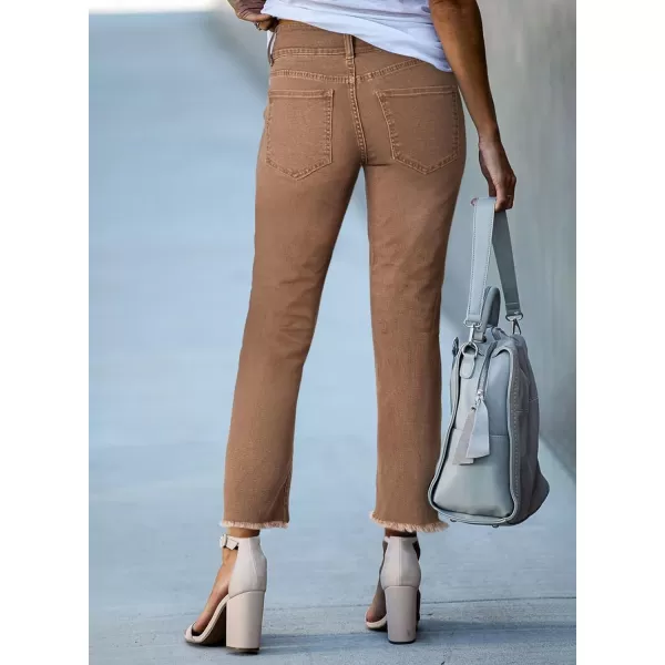 Sidefeel Women's High Waisted Jeans Strechy Raw Hem Straight Leg Denim Pants with Pockets