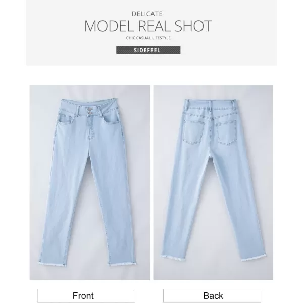 Sidefeel Women's High Waisted Jeans Strechy Raw Hem Straight Leg Denim Pants with Pockets