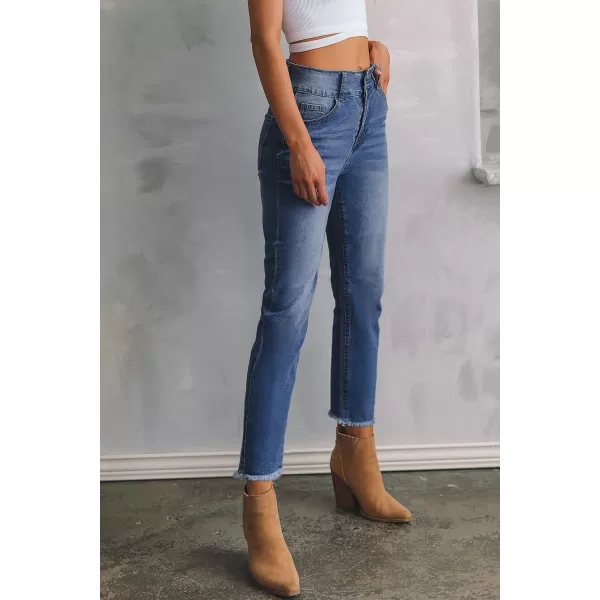 Sidefeel Women's High Waisted Jeans Strechy Raw Hem Straight Leg Denim Pants with Pockets