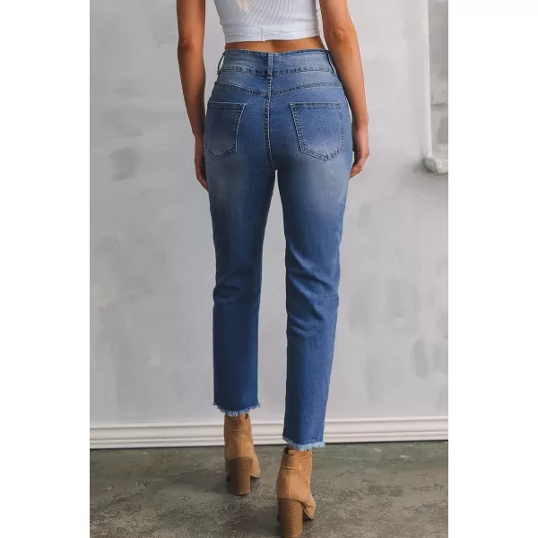Sidefeel Women's High Waisted Jeans Strechy Raw Hem Straight Leg Denim Pants with Pockets