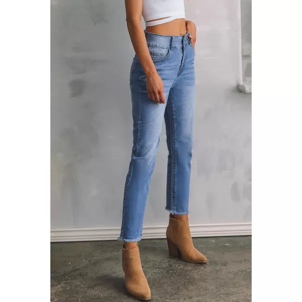 Sidefeel Women's High Waisted Jeans Strechy Raw Hem Straight Leg Denim Pants with Pockets