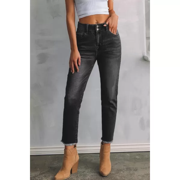 Sidefeel Women's High Waisted Jeans Strechy Raw Hem Straight Leg Denim Pants with Pockets