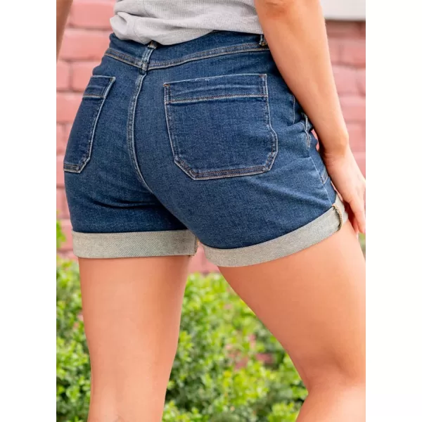 Sidefeel Womens Jean Shorts High Waisted Stretchy Buttoned Folded Hem Denim Shorts