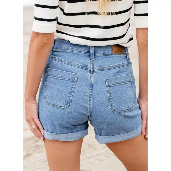 Sidefeel Womens Jean Shorts High Waisted Stretchy Buttoned Folded Hem Denim Shorts