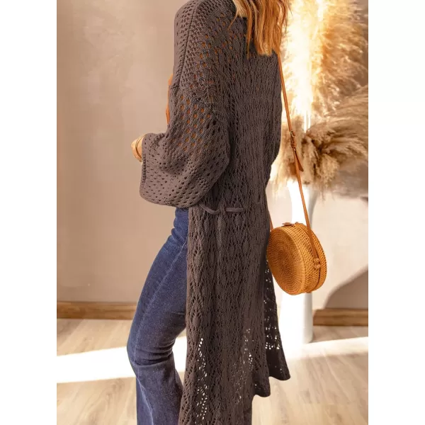 Sidefeel Womens Lightweight Open Front Cardigan Sweaters Long Sleeve Drawstring Crochet Knit Sheer Boho Kimono Sweaters