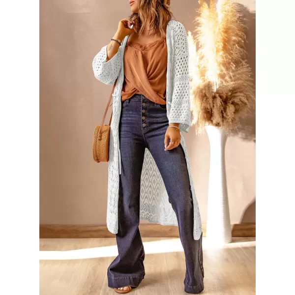 Sidefeel Womens Lightweight Open Front Cardigan Sweaters Long Sleeve Drawstring Crochet Knit Sheer Boho Kimono Sweaters