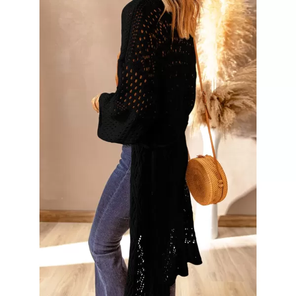 Sidefeel Womens Lightweight Open Front Cardigan Sweaters Long Sleeve Drawstring Crochet Knit Sheer Boho Kimono Sweaters