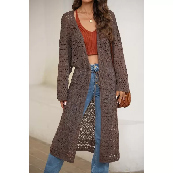 Sidefeel Womens Lightweight Open Front Cardigan Sweaters Long Sleeve Drawstring Crochet Knit Sheer Boho Kimono Sweaters