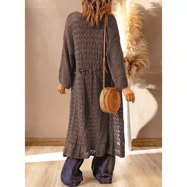 Sidefeel Womens Lightweight Open Front Cardigan Sweaters Long Sleeve Drawstring Crochet Knit Sheer Boho Kimono Sweaters