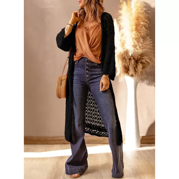 Sidefeel Womens Lightweight Open Front Cardigan Sweaters Long Sleeve Drawstring Crochet Knit Sheer Boho Kimono Sweaters