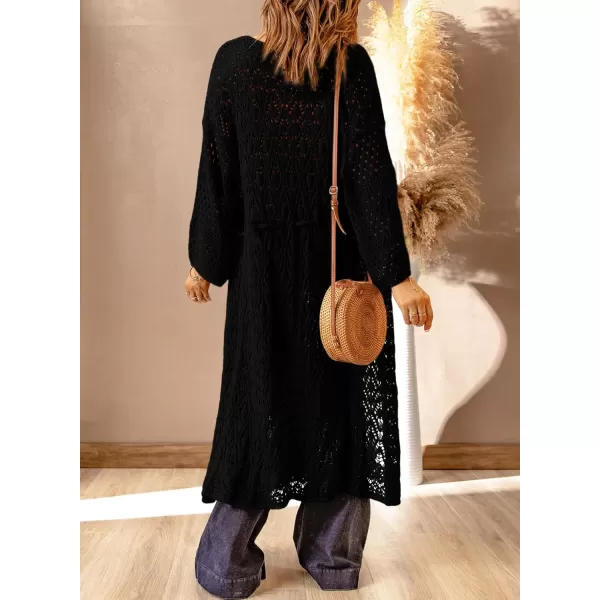 Sidefeel Womens Lightweight Open Front Cardigan Sweaters Long Sleeve Drawstring Crochet Knit Sheer Boho Kimono Sweaters