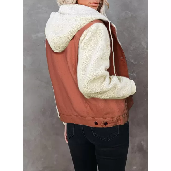 Sidefeel Womens Long Sleeve Button Up Denim Jackets Patchwork Fleece Hooded Coat with Pockets