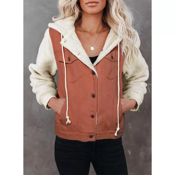 Sidefeel Womens Long Sleeve Button Up Denim Jackets Patchwork Fleece Hooded Coat with Pockets