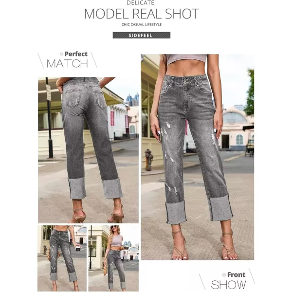 Sidefeel Womens Ripped Cuffed Jeans High Waisted Boyfriend Straight Leg Denim Pants