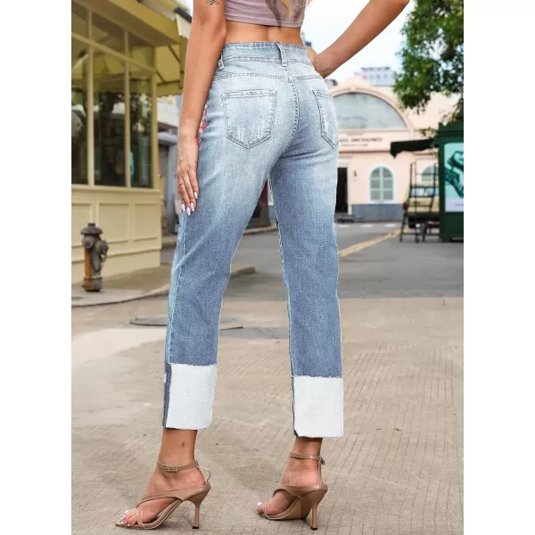 Sidefeel Womens Ripped Cuffed Jeans High Waisted Boyfriend Straight Leg Denim Pants