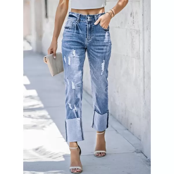 Sidefeel Womens Ripped Cuffed Jeans High Waisted Boyfriend Straight Leg Denim Pants