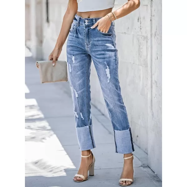 Sidefeel Womens Ripped Cuffed Jeans High Waisted Boyfriend Straight Leg Denim Pants