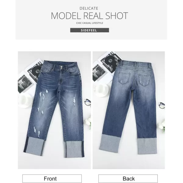 Sidefeel Womens Ripped Cuffed Jeans High Waisted Boyfriend Straight Leg Denim Pants