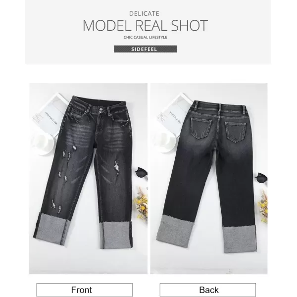 Sidefeel Womens Ripped Cuffed Jeans High Waisted Boyfriend Straight Leg Denim Pants