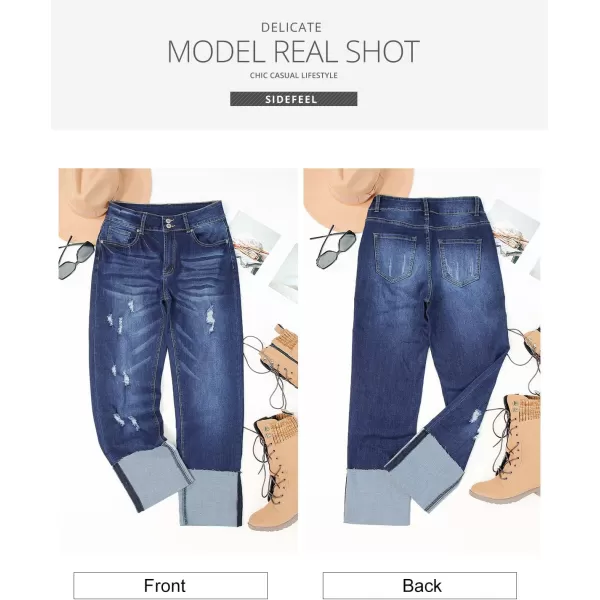 Sidefeel Womens Ripped Cuffed Jeans High Waisted Boyfriend Straight Leg Denim Pants