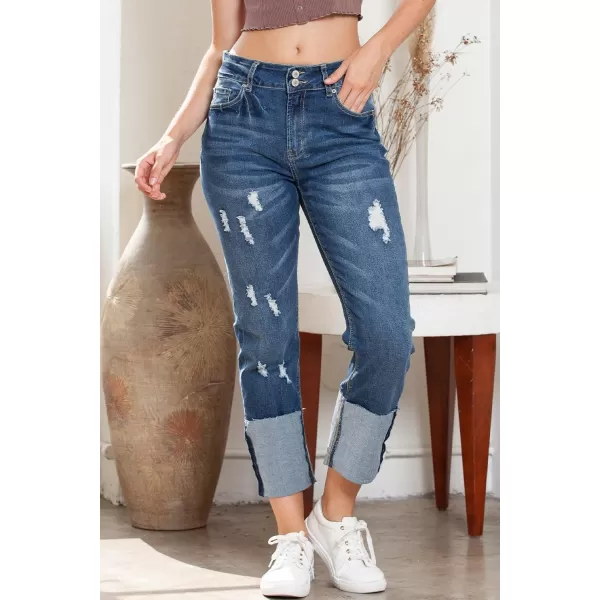 Sidefeel Womens Ripped Cuffed Jeans High Waisted Boyfriend Straight Leg Denim Pants