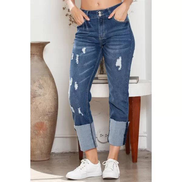 Sidefeel Womens Ripped Cuffed Jeans High Waisted Boyfriend Straight Leg Denim Pants